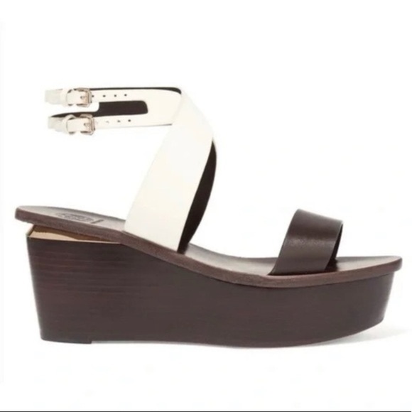 Tory Burch Mino White Leather Stacked Wood Platform Wedge Wrap Sandal Size 7.5